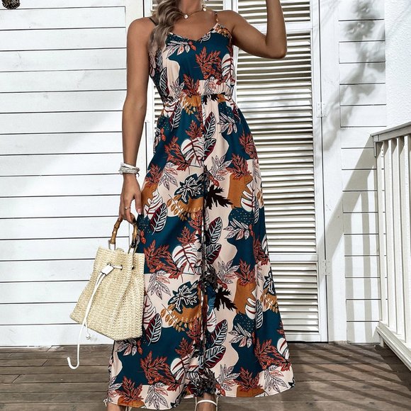 New Tropical Print Shirred Wide Leg Cami Jumpsuit Handmade - Picture 2 of 6
